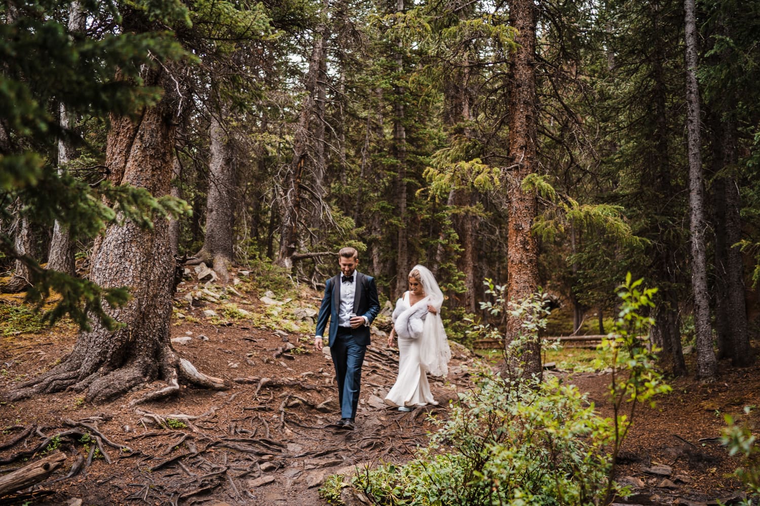 Bride and Groom Hiking at Georgetown, CO Elopement