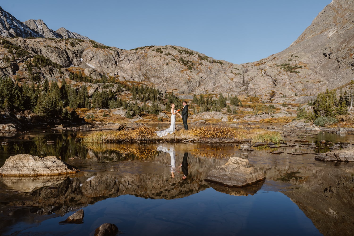 Kelsey and Eric sharing their vows at their Breckenridge elopement.