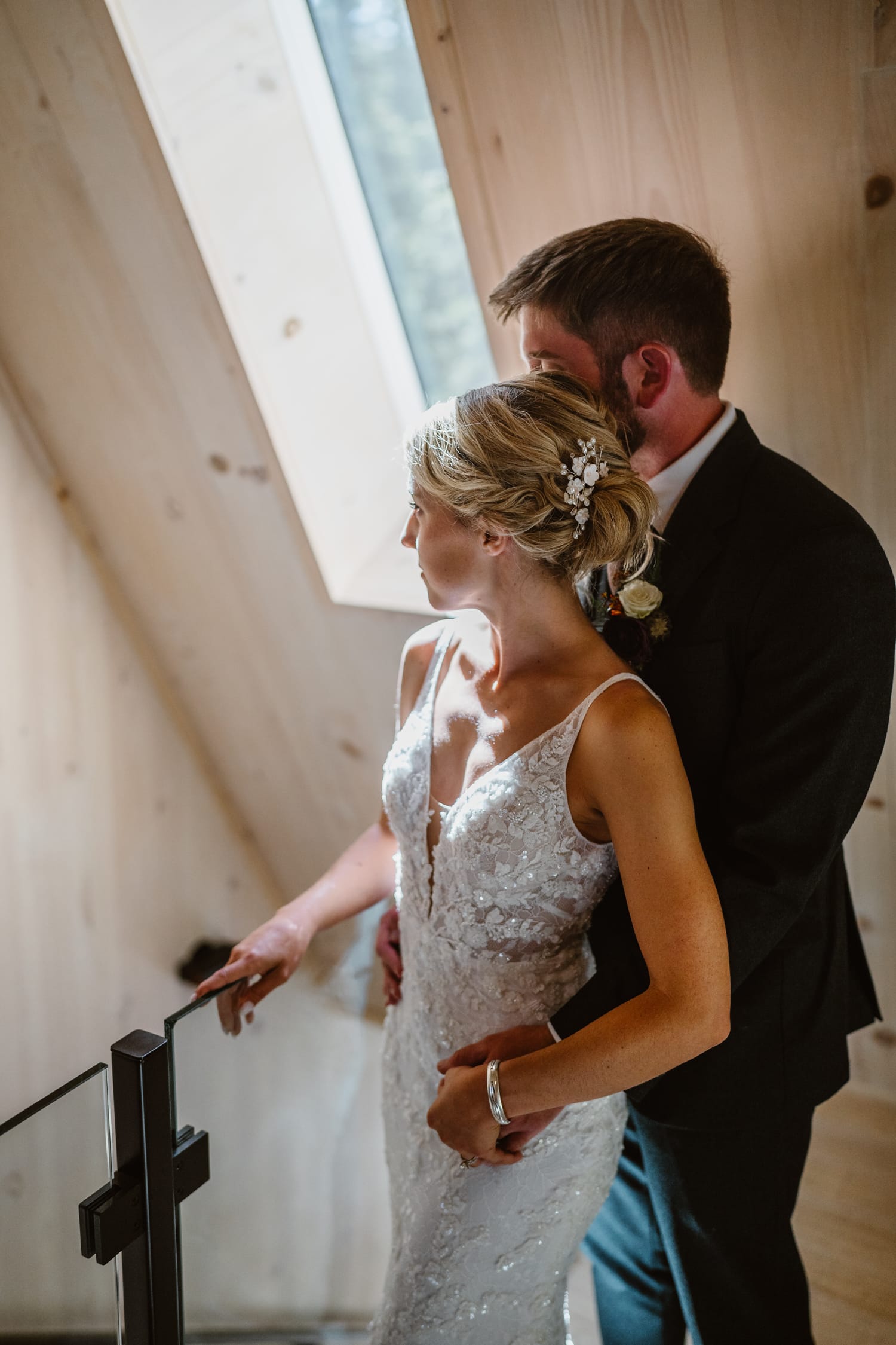 Couple sharing a moment at their airbnb for their Breckenridge elopement.