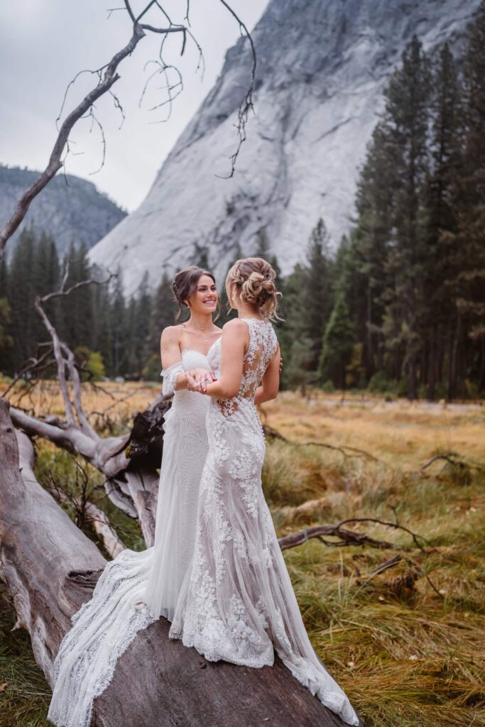 Two brides standing in a field outside of Half Dome for their Yosemite elopement.