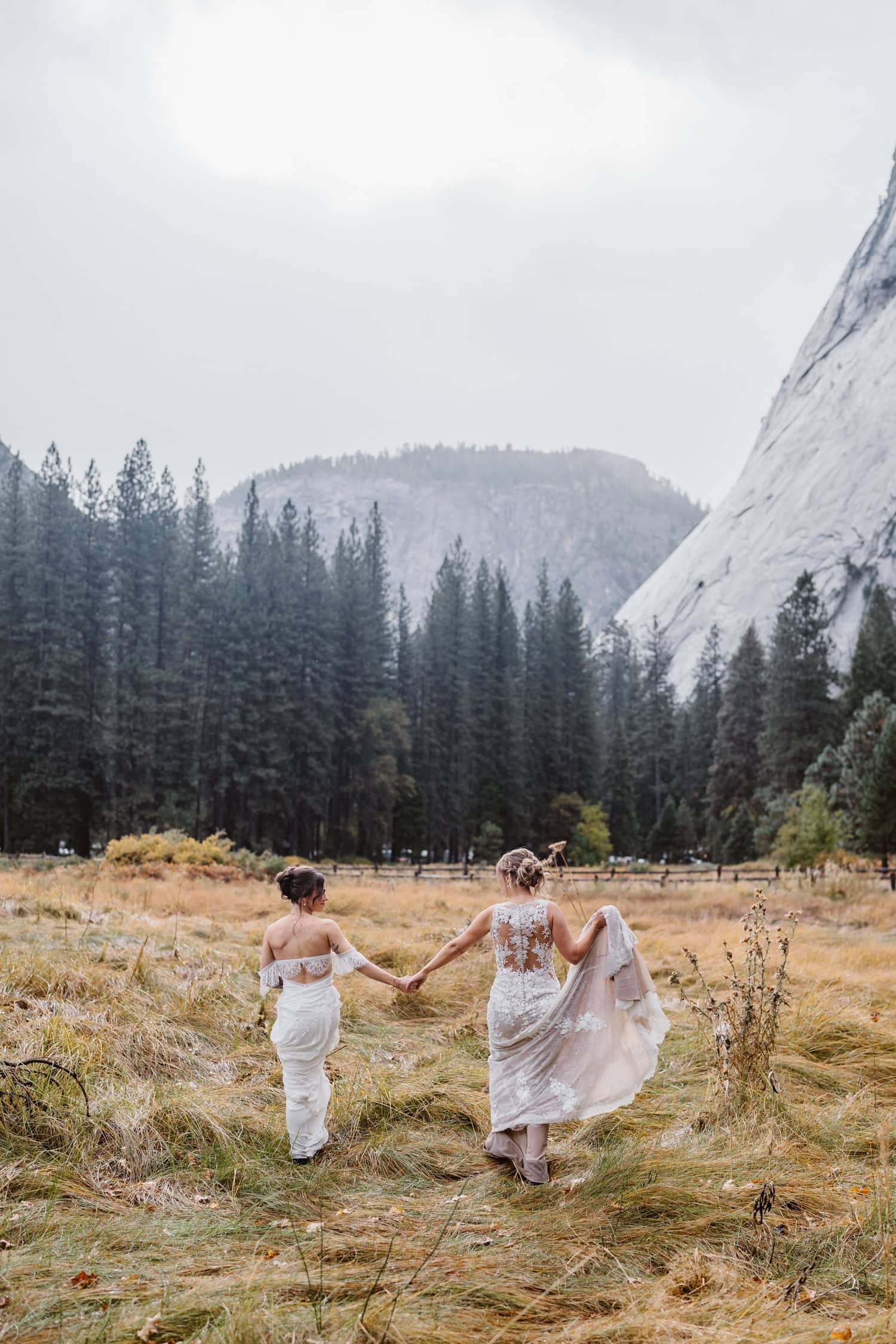 Two brides sharing in the fall for their Yosemite elopement.