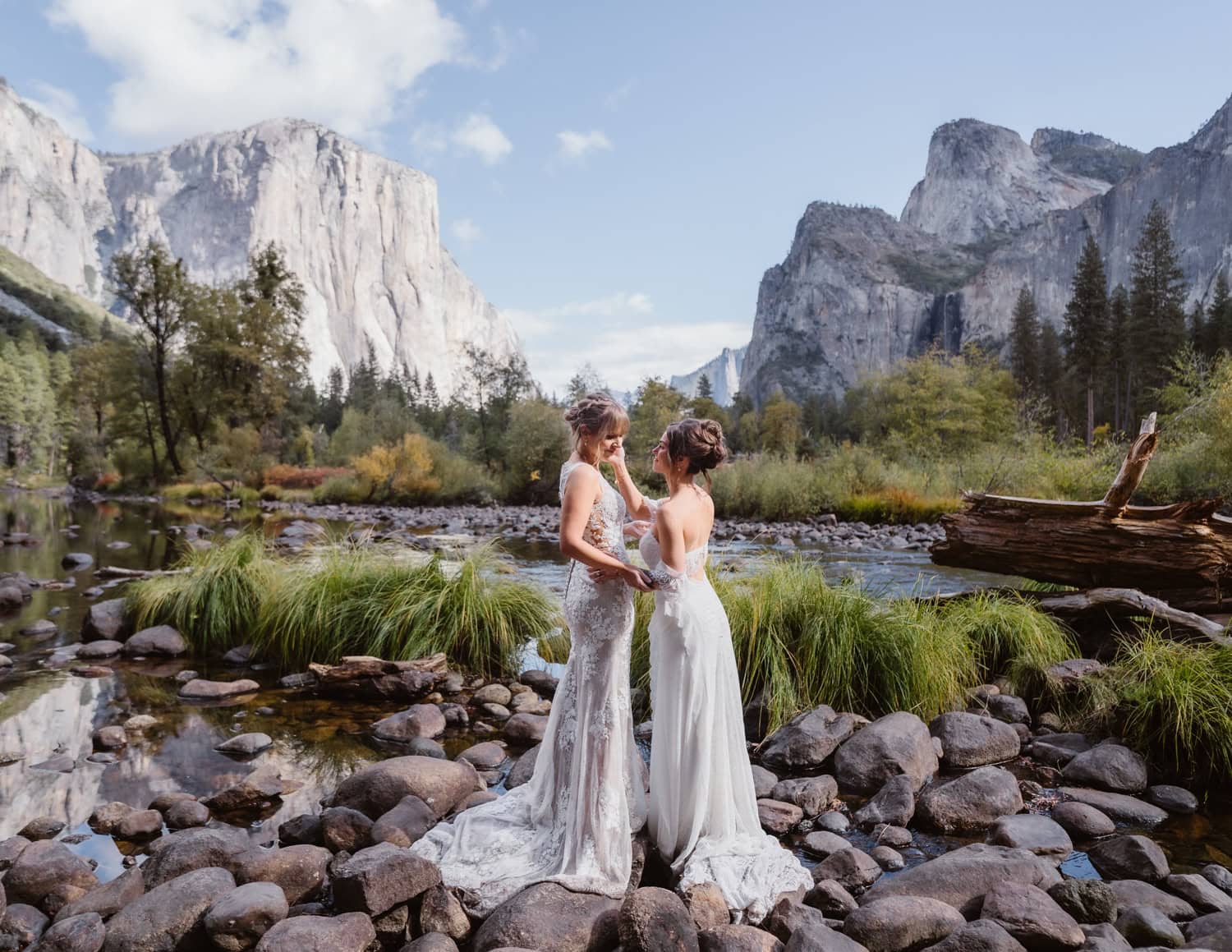 Brides sharing a moment near Tunnel View in Yosemite.