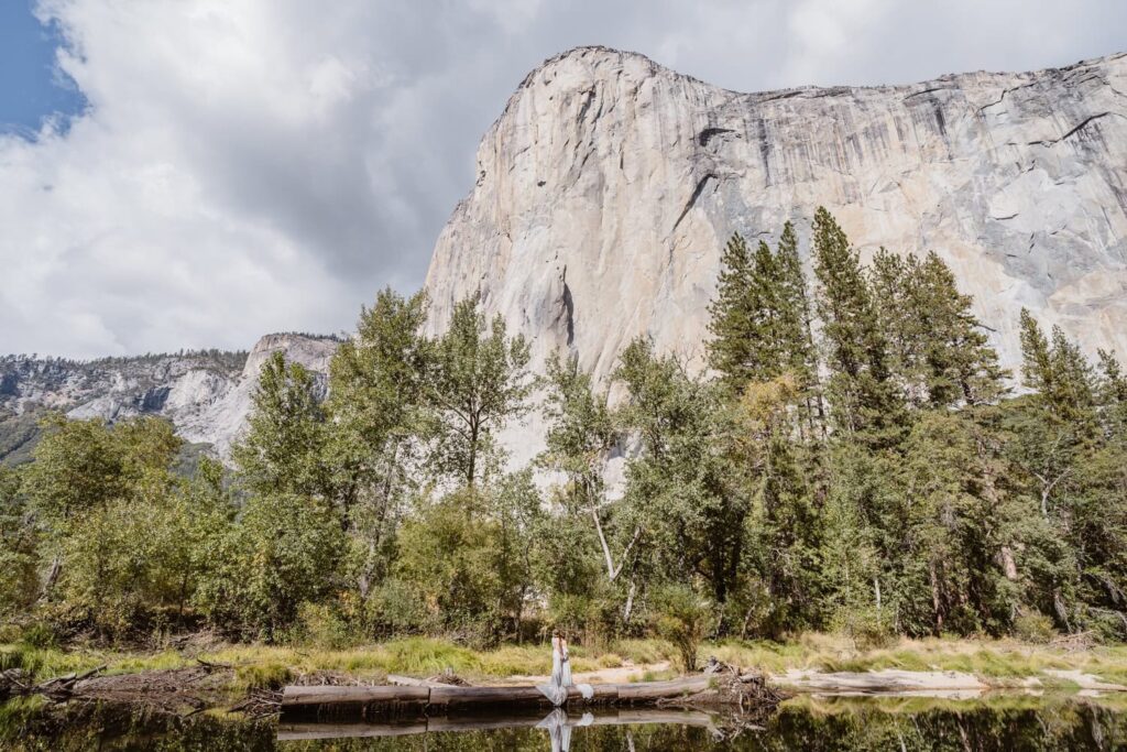 Couple standing on a log below El Capitan for their Yosemite elopement.